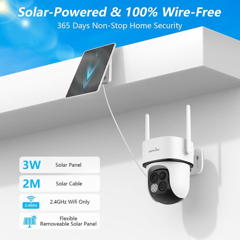 wansview Security Cameras Wireless Outdoor-2K Dual Lens Home Security Cameras, 360° View, Solar Panel Battery Powered, Color Night Vision, PIR Sensor, IP65 Waterproof, Work with Alexa, B7 2P White - Image 3